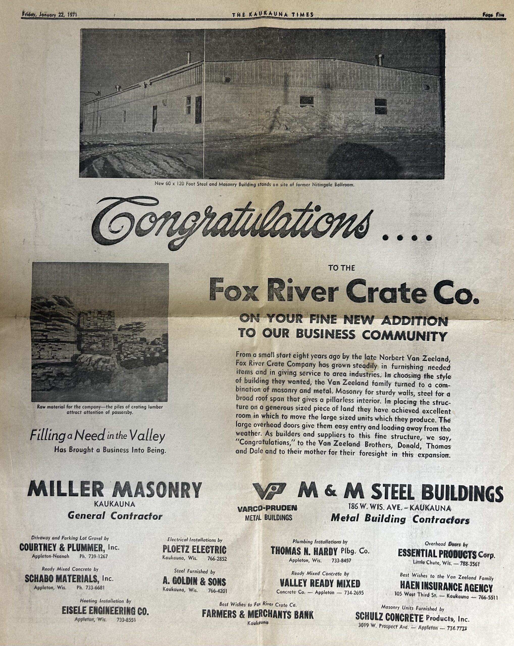 Fox River Crate Company; Fox Valley Wood Products New Building